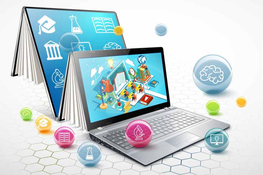 Ilustración de laptop con imagen e iconos de educación