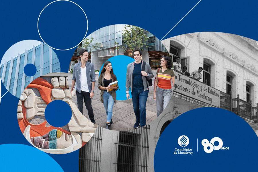 Logotipo del 80 aniversario del Tec de Monterrey, con una foto de jóvenes estudiantes en su interior