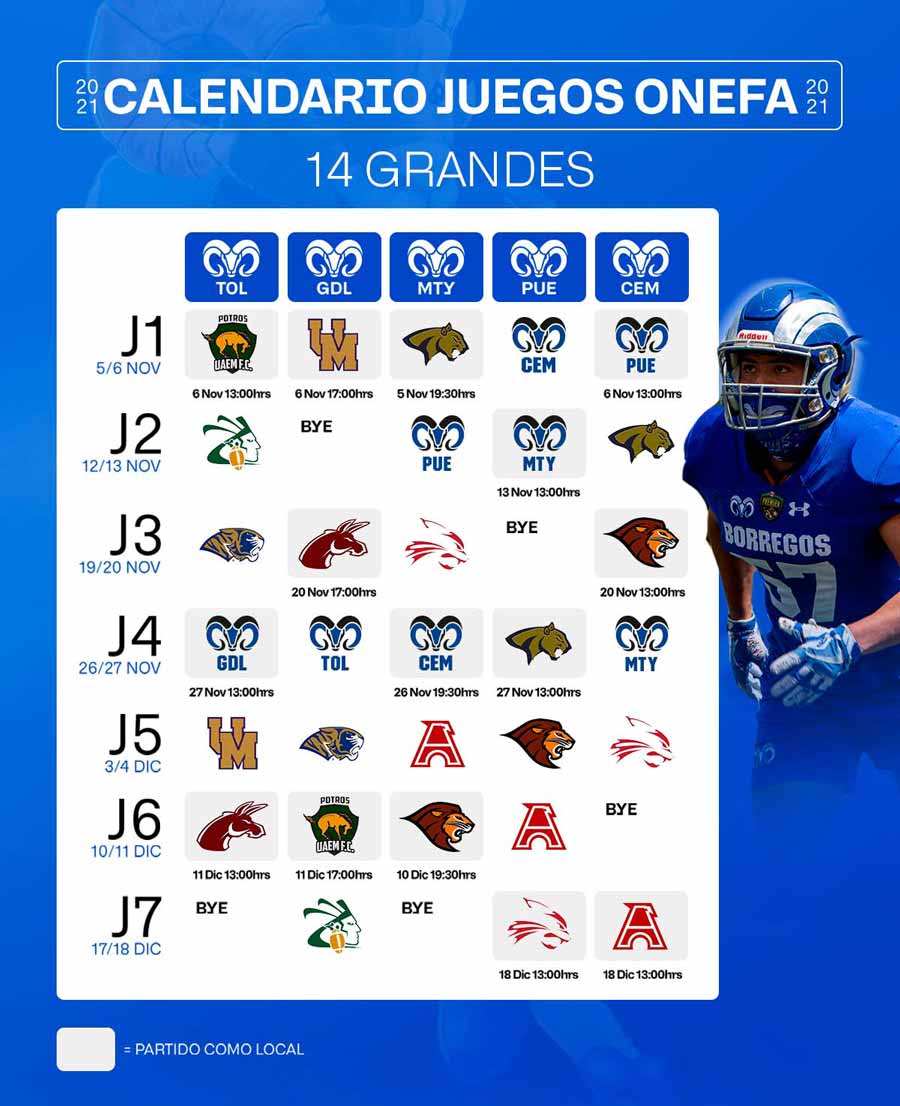 Calendario de juegos de los 5 equipos de Borregos del Tec de Monterrey que participarán en la Liga Mayor de la ONEFA.