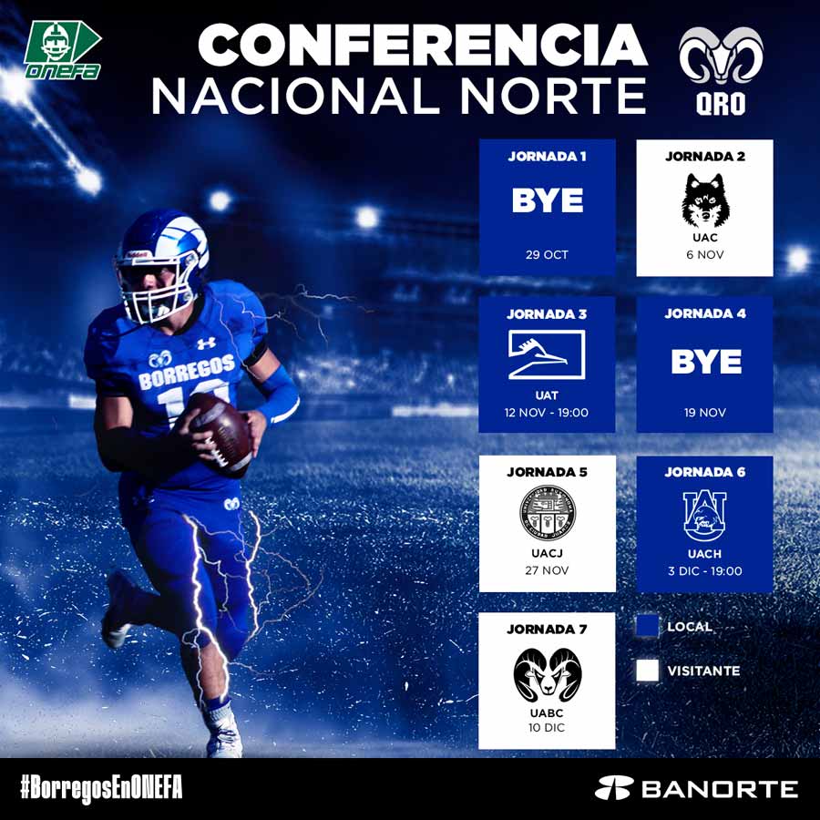 Calendario de juegos de los Borregos Querétaro, que estarán en la Conferencia Nacional Norte.