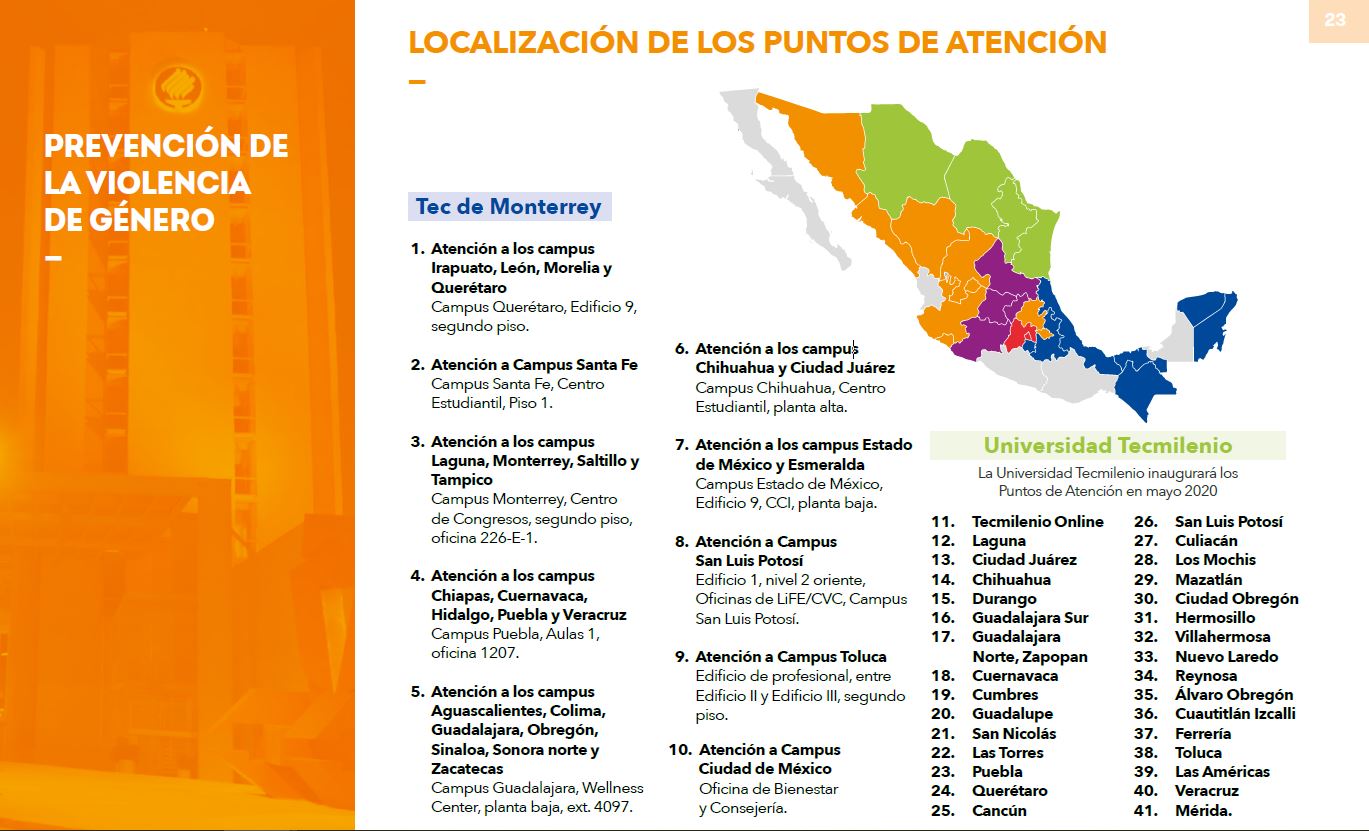 Mapa de México con la localización de las 41 oficinas de atención del Centro de Reconocimiento a la Dignidad Humana del Tec de Monterrey