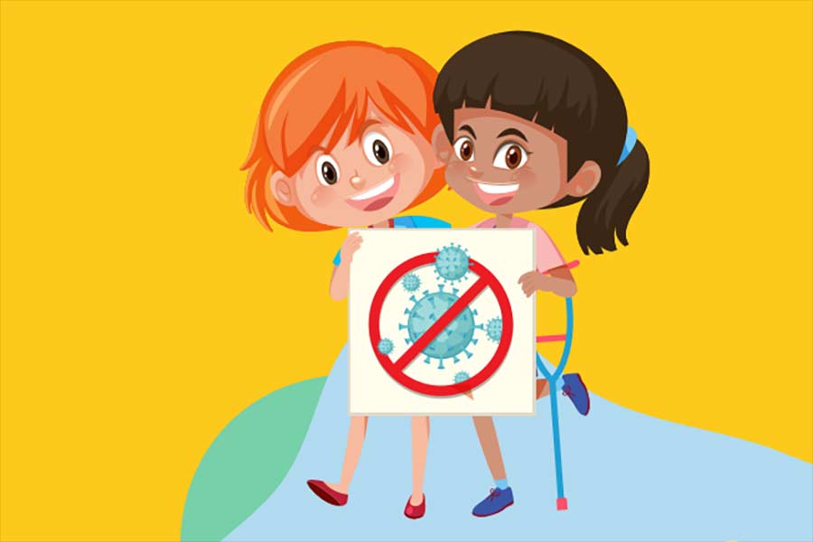 Dibujo de dos niñas sosteniendo una hoja con ilustración de coronavirus. Realizado por UNICEF