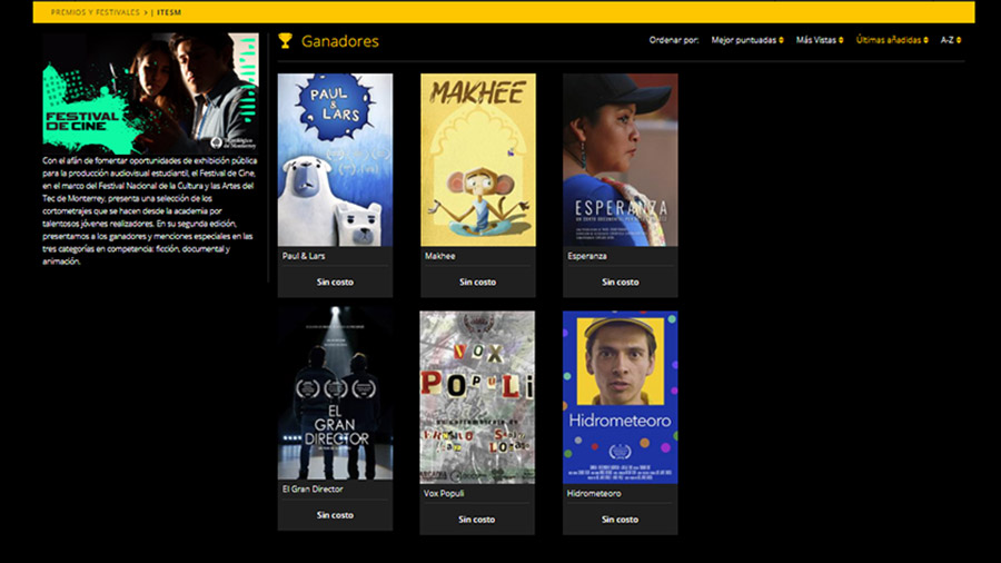 Screenshot de la plataforma de cinepolis con cortometrajes del Tec