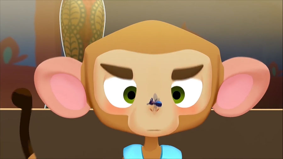 Animación de un mono con una mosca en el rostro