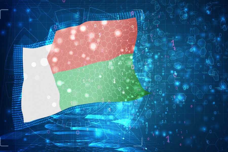Bandera de Madagascar rodeada de iconos de tecnologías y digitalización