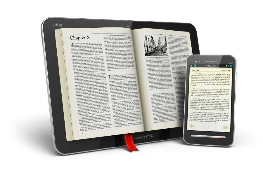 ilustración digital que muestra la tecnología del eBook en tablet y celular