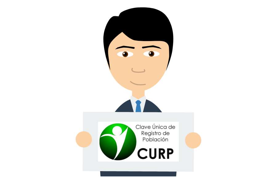 Ilustración de hombre con un letrero, que muestra el logo de la CURP