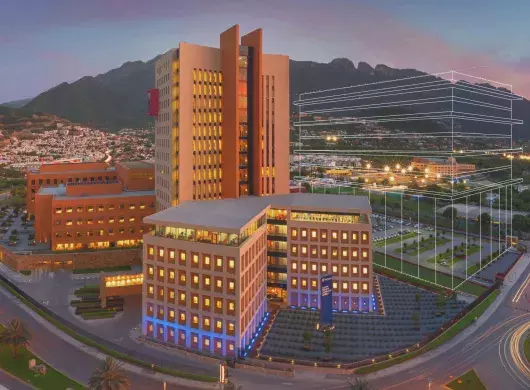 Ilustración del Hospital Zambrano Hellion, junto con el delineado el nuevo edificio Campus de la Salud