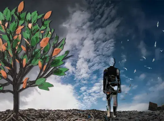 Work titled Human Trash that represents a human figure made of waste walking amongst a pile of garbage towards a blue sky, next to a tree with plastic leaves.