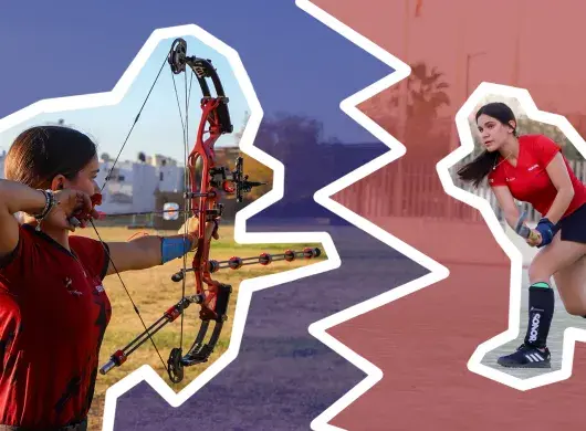 Collage de fotos de gemelas tirando con arco y jugando hockey sobre pasto.
