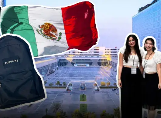 Montaje de fotos con Abu Dabi de fondo y una mochila, bandera mexicana y dos jóvenes adolescnetes.