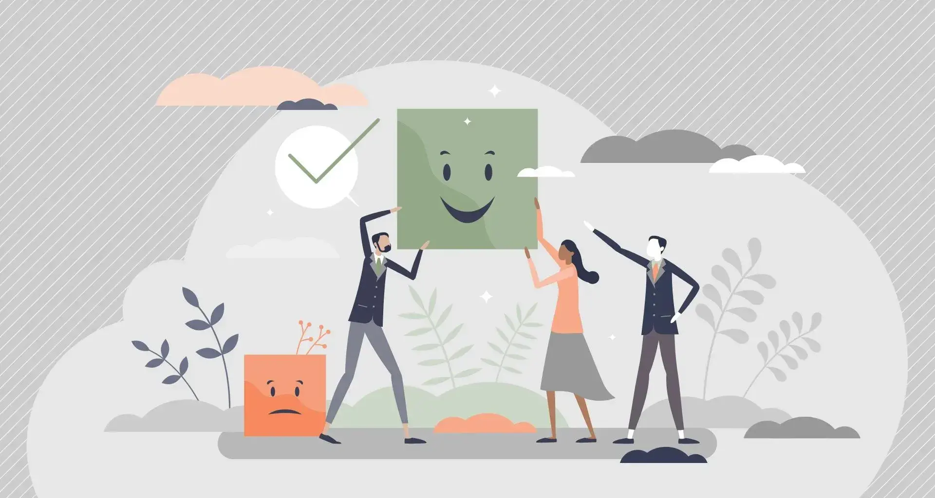 Concept of choosing a happy life, with 3 illustrations of people holding a figure with a smile
