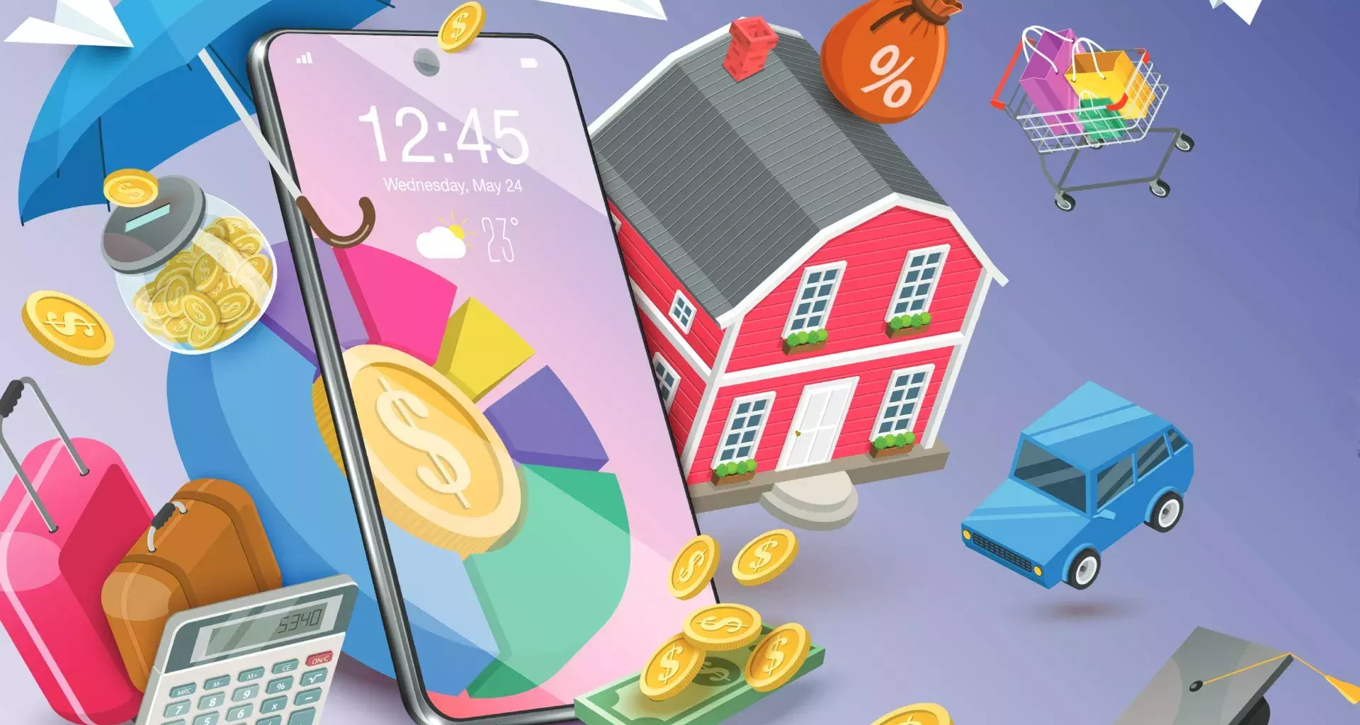 Ilustración con elementos de finanzas personales, como monedas, calculadora y cosas que representan gastos como una casa, un auto y un carrito de supermercado