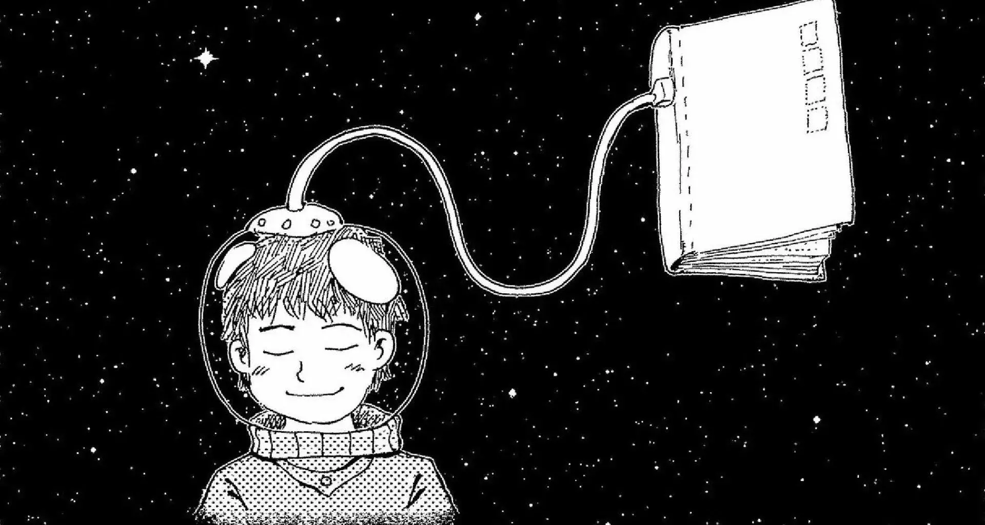 Niño imaginando ser astronauta con un libro