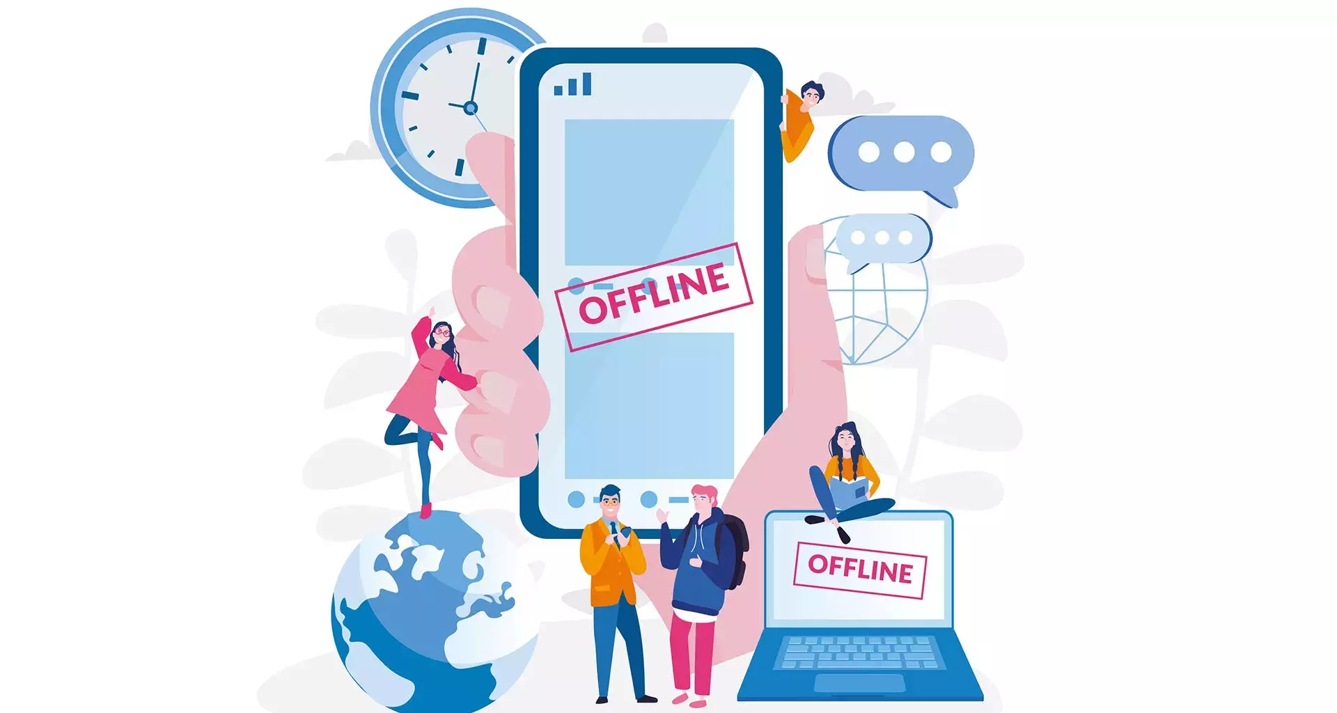 Ilustración donde sobresale una mano que sostiene un celular, con la frase Offline, para acentuar la necesidad de un detox digital