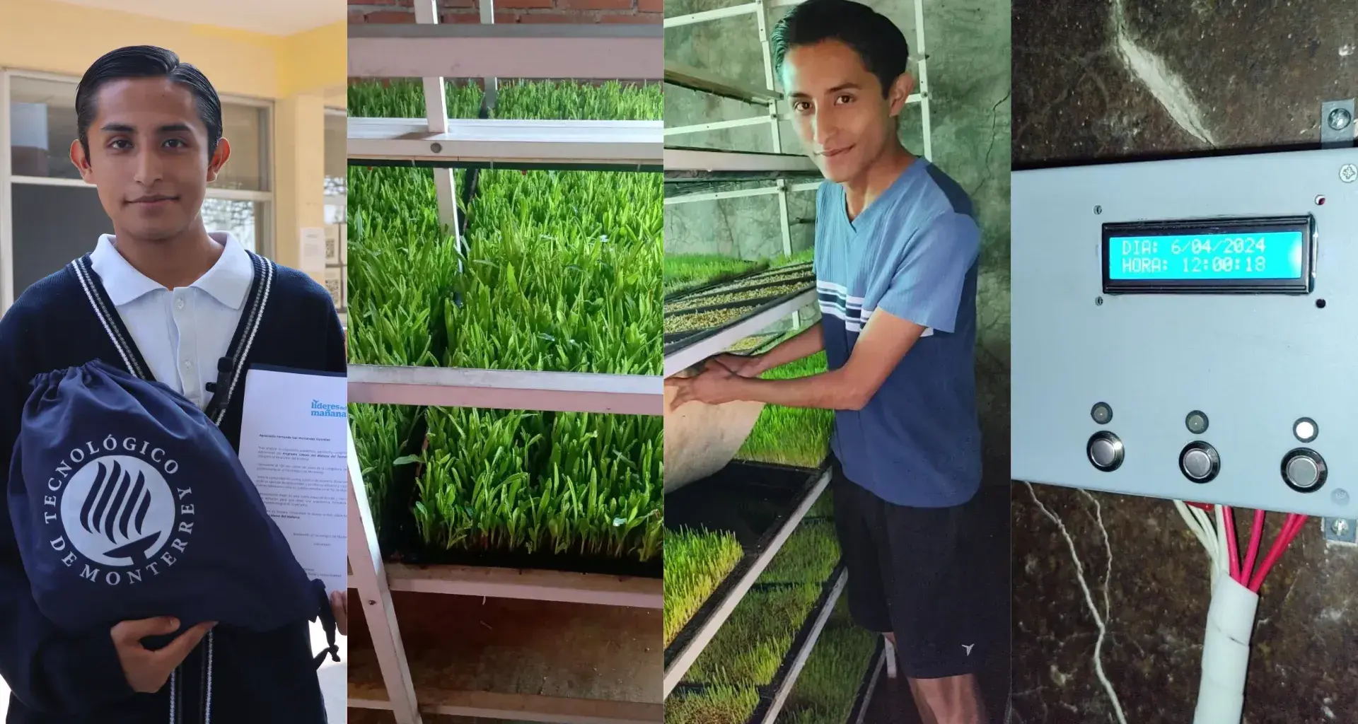 Collage con 4 fotografías en las que un joven de San Luis Potosí posa con su diploma de Líderes del Mañana y otras fotografías en las que se muestra su proyecto de innovación en Mexquitic.