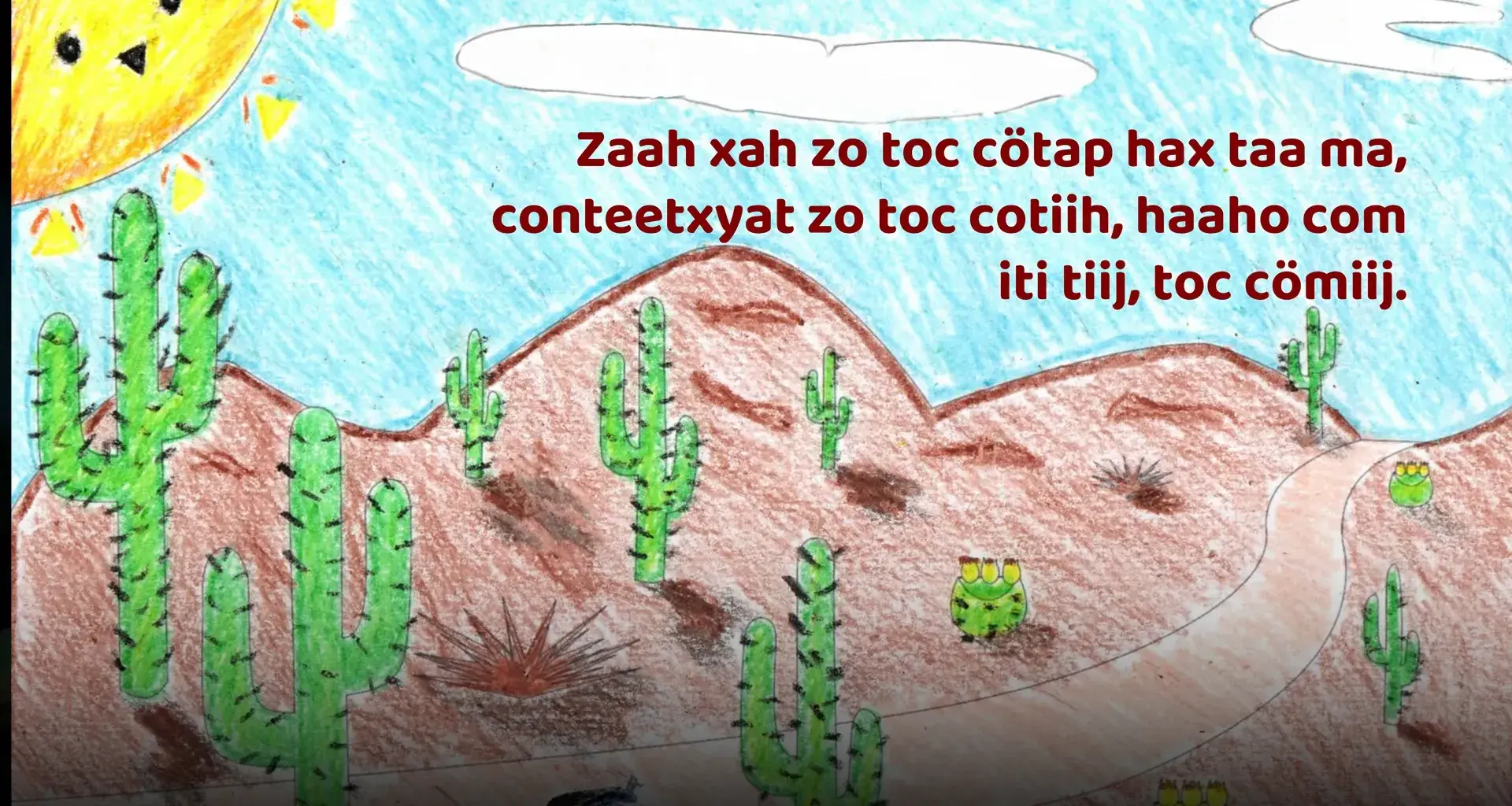Hand-drawn illustration of a desert scene from a native Comcáac legend