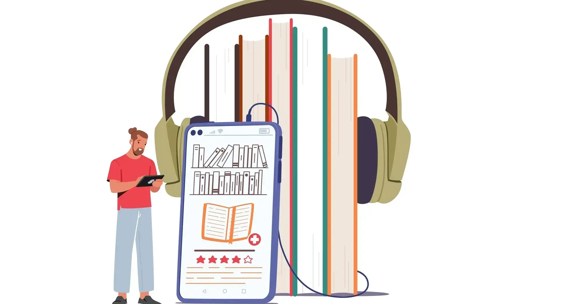 Ilustración conceptual de libros digitales que pueden ser escuchados en un smartphone
