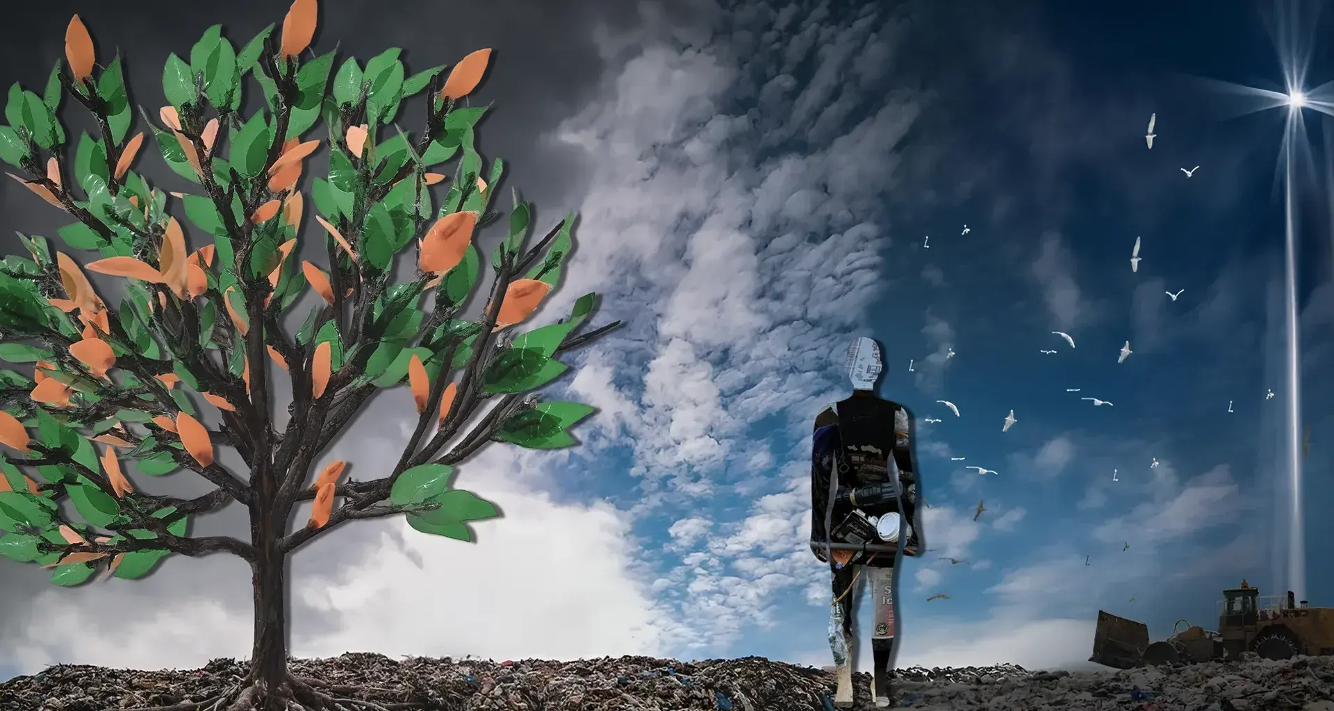 Obra titulada Human Trash que representa una figura humana hecha de residuos caminando entre basura hacia un cielo azul, junto a un árbol de hojas plásticas.