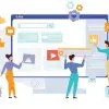 Ilustración con 3 jóvenes trabajando en ideas sobre la pantalla de una computadora