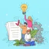 Ilustración con jóvenes estudiantes, con elementos alrededor de innovación, estudio y trabajo