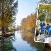 View of a river in Mexico. In a separate frame, the Bluekali team, a startup that cleans rivers with a robot resembling a whale shark.