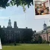 Montaje de fotos instantáneas sobre un fondo mostrando edificios de la universdiad de Oxford. 