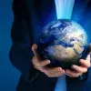 They analyze international security at a forum, with a person holding the globe in their hands