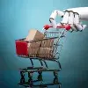 Robot sosteniendo un carrito de compras con cajas de cartón sobre fondo turquesa