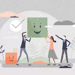 Concept of choosing a happy life, with 3 illustrations of people holding a figure with a smile