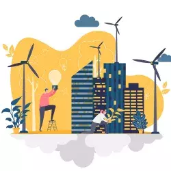 Ilustración de dos jóvenes en una ciudad sustentable, con uso de energía eólica