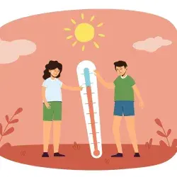 Ilustración de dos jóvenes bajo el sol, con un termómetro que da referencia a una alta temperatura