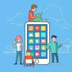 Ilustración de celular gigante con apps, con jovenes utilizando sus smartphones y laptops