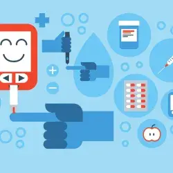 Ilustración con elementos relacionados al cuidado de pacientes con diabetes, como glucómetro, medicamento e insulina