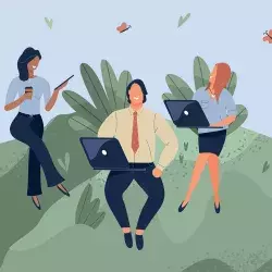 Ilustración conceptual de bienestar en el trabajo, que muestra a dos chicas y un chico trabajando, sentados en un paisaje verde