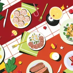 Ilustración de mesa con platillos navideños, como pavo, galetas, ensalada y pastel