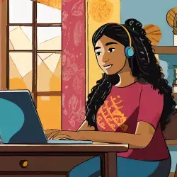 Ilustración de mujer joven tomando un curso en línea