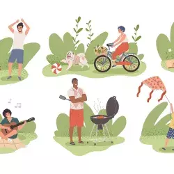 Ilustración con personas disfrutando sus vacaciones: meditando, realizando una carne asada, paseando en bicicleta