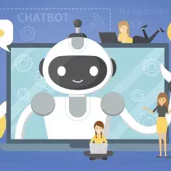 Ilustración de robot en computadora que conceptualiza la inteligencia artificial, con jóvenes estudiantes a su alrededor