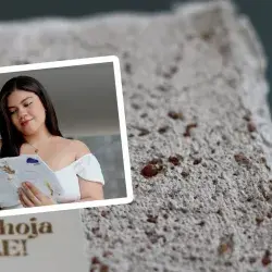 Una hoja con semillas de rábano y Ximena Hernández sosteniendo una libreta.