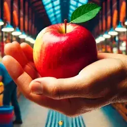 Manzana en palma de mano y de fondo un mercado